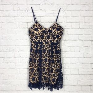 Dina Be LG Navy Beige Crochet Lace Overlay Dress